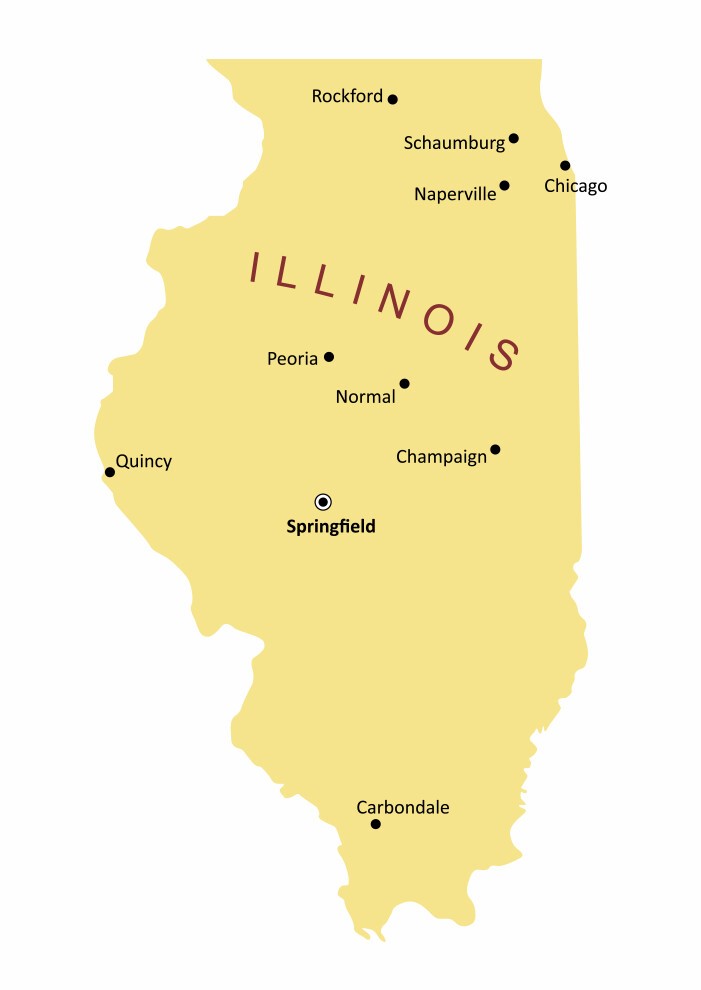 Map of Illinois highlighting major cities such as Chicago, Springfield, and Rockford.