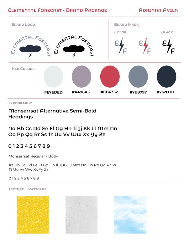 An example of a brand package includes a logo, brand mark variations in color and black, a color palette, typography, textures, and patterns.