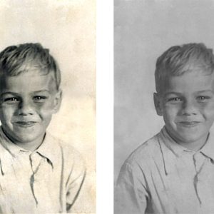 A four-step restoration and colorization of a vintage photo of a young boy.