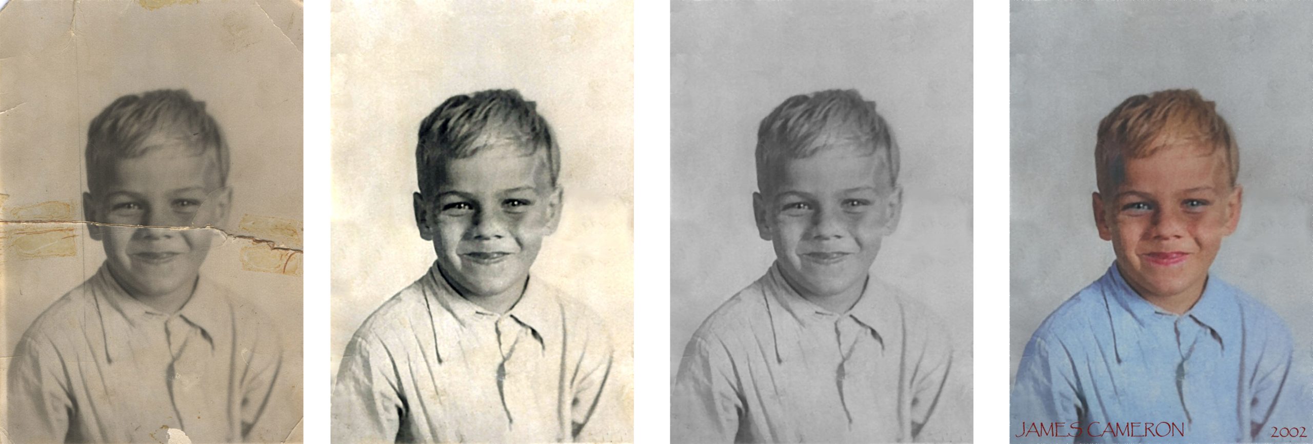A four-step restoration and colorization of a vintage photo of a young boy.