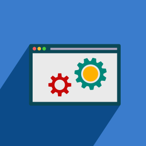 Illustration of a computer browser window with two colorful gears inside, symbolizing website or software maintenance.